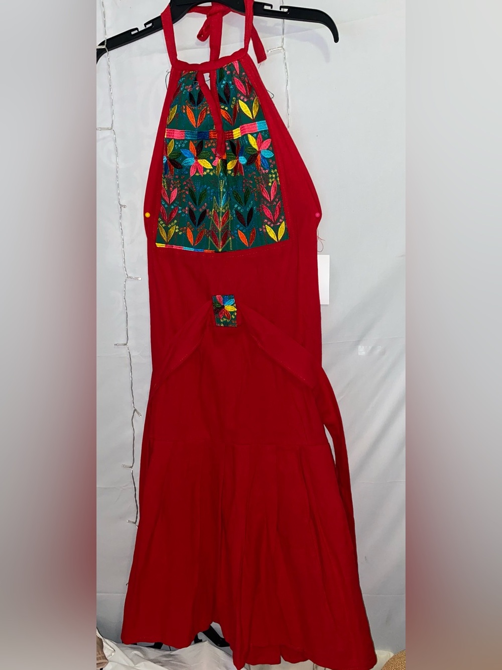 Red Embroidered Boho Maxi Dress with Multicolor Floral Yoke